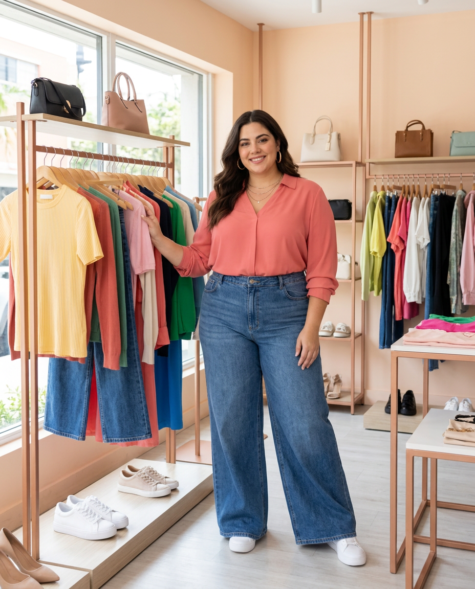 Rocío Millán, con un look actual, en su tienda imaginaria de Bonares (Sevilla)